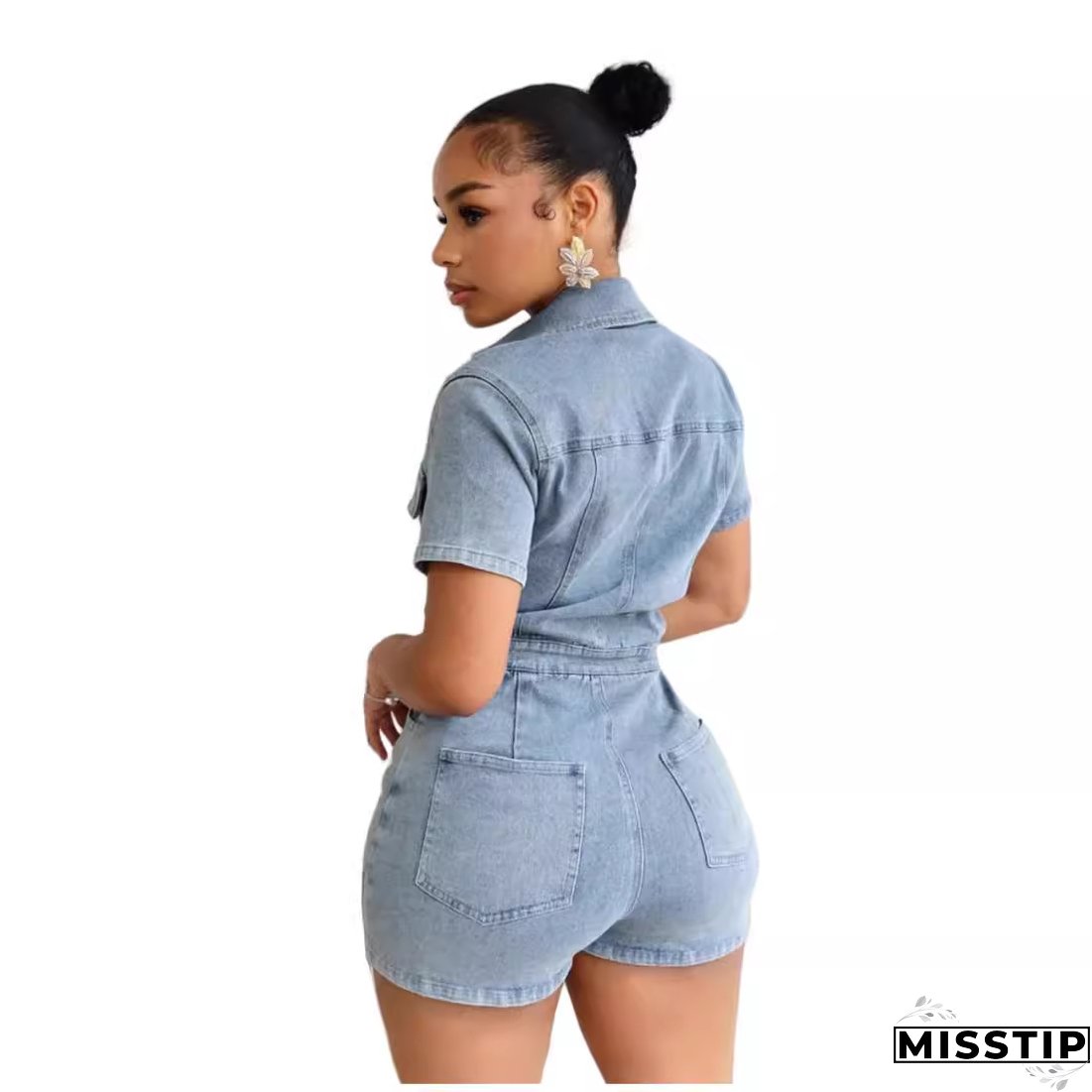 Women Stretch Denim Short Sleeve Jumpsuit