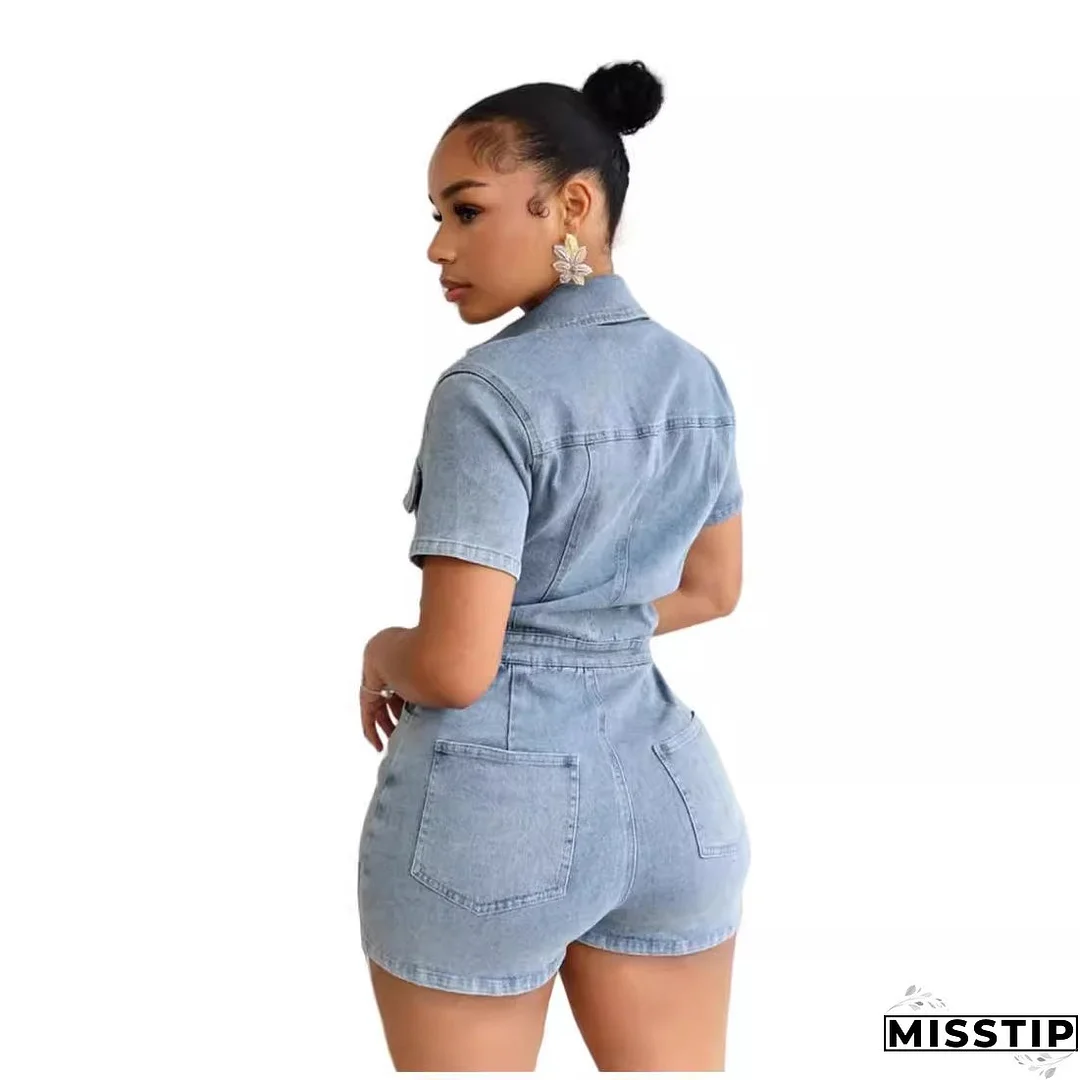 Women Stretch Denim Short Sleeve Jumpsuit