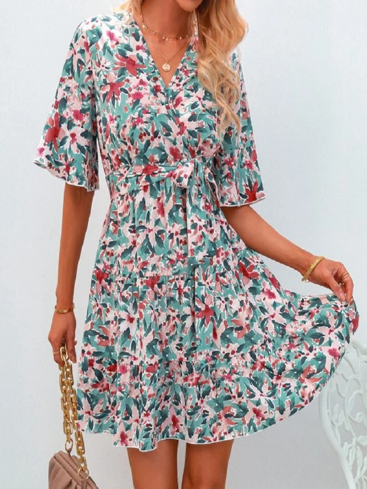 V Neck Short Sleeve Printed Dress