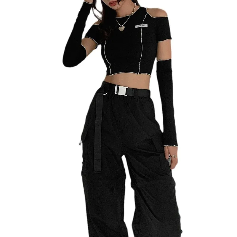 Churchf Churchf Women's Wear 2024 Autumn And Winter New Fashion Logo Slim Round Collar Off-The-Shoulder Short T-Shirt Women