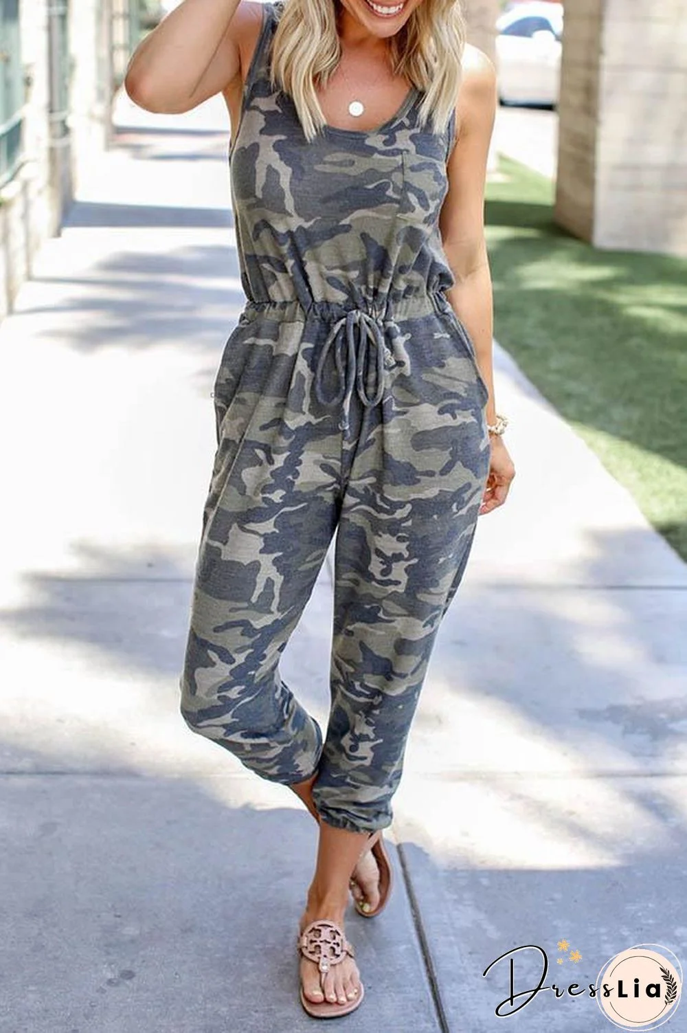 Sleeveless Camouflage Vest Drawstring Jumpsuits P14826