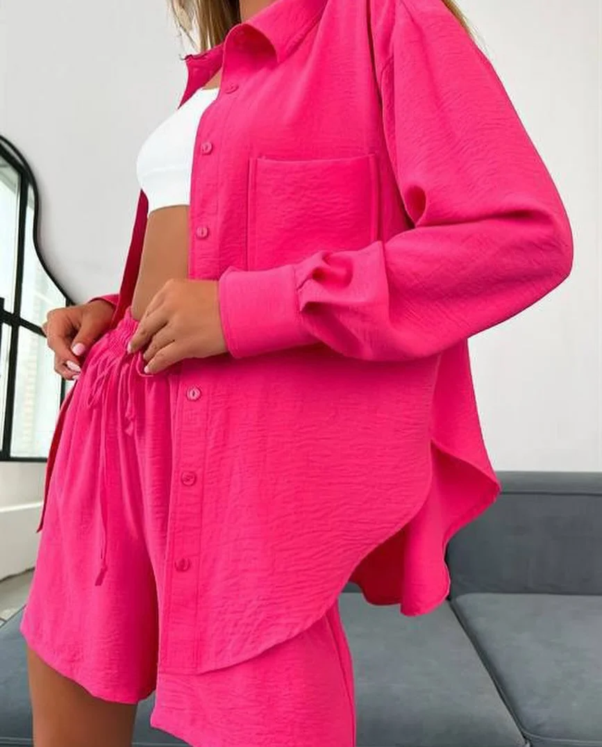 Nigikala Nigikala Women's Solid Color Single Row Buckle Long-Sleeved Shirt Loose Fashion Casual Shorts Set