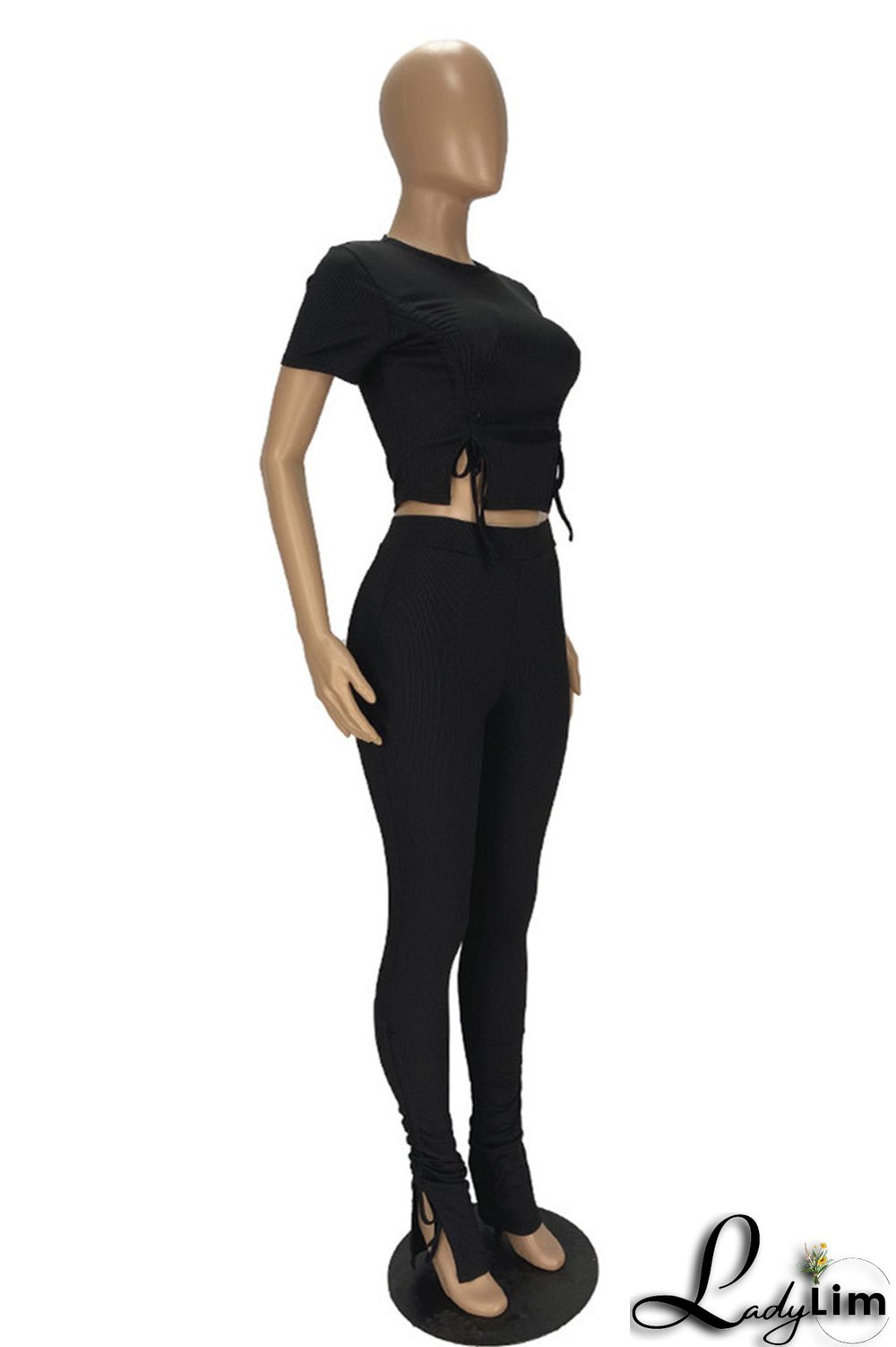 Khaki Fashion Casual Solid Draw String Frenulum O Neck Short Sleeve Two Pieces