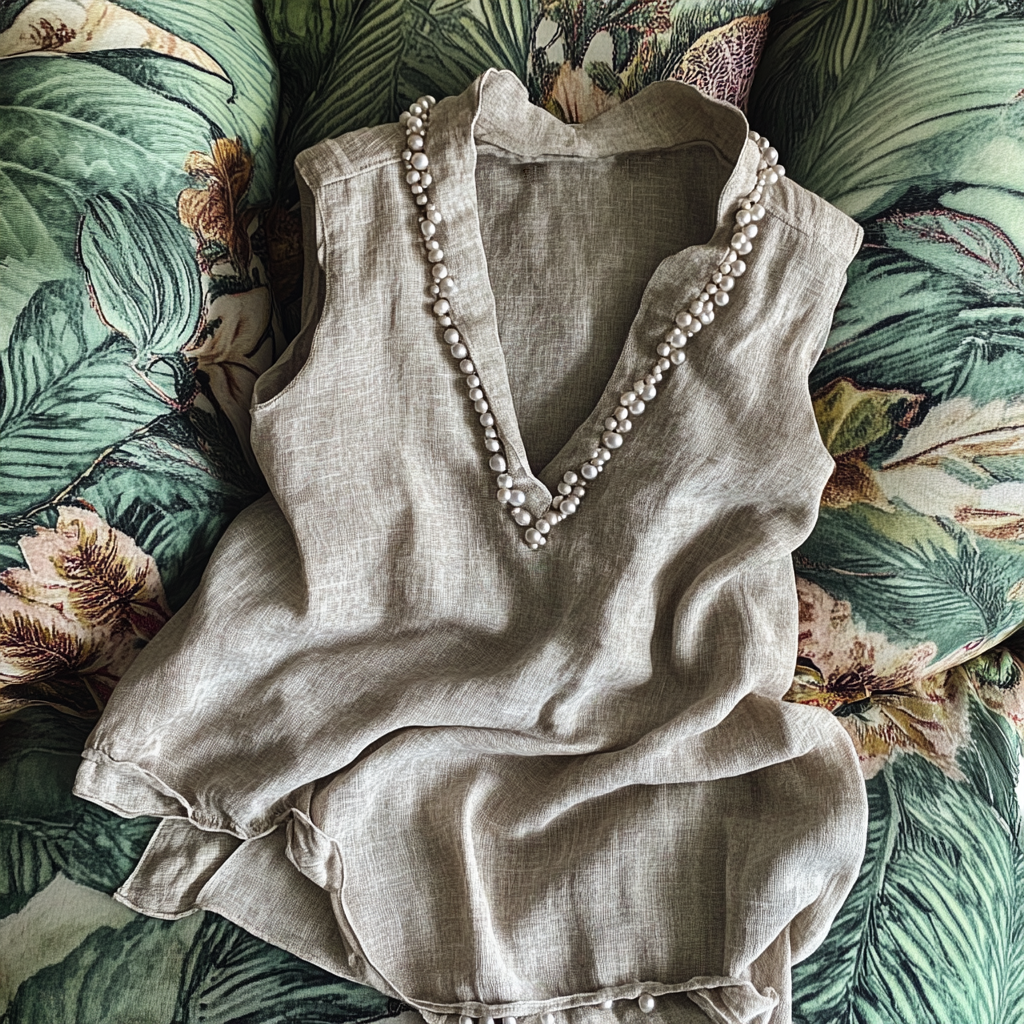  Elegant V-Neck Ruffle Trim Top with Pearl Necklace Set