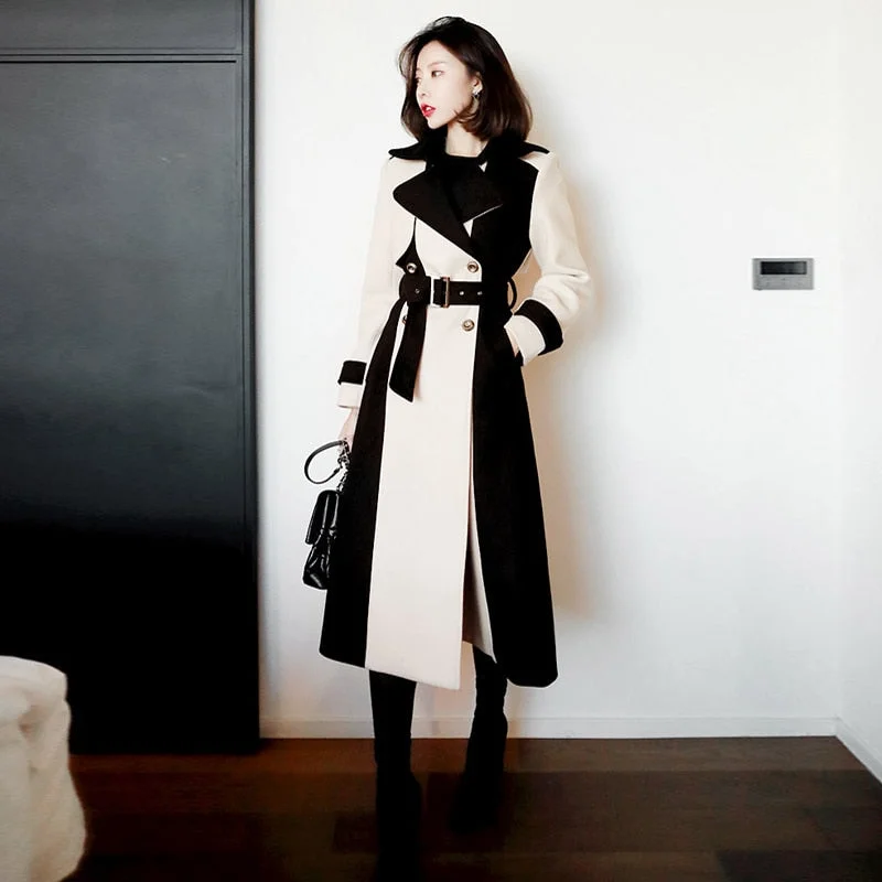 Korean Autumn Winter Women Tweed Thicked Warm Overcoat Fashion Woollen Double Breasted Patchwork Long Sashes Trench Wool Coat