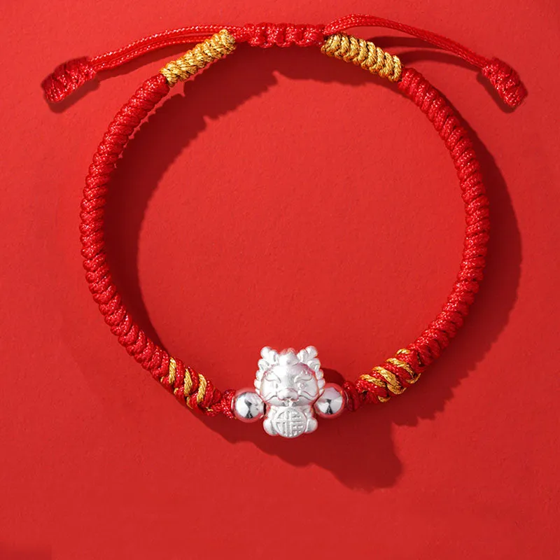 999 Sterling Silver Year of the Dragon Fu Character Attract Fortune Luck Handcrafted Braided Bracelet