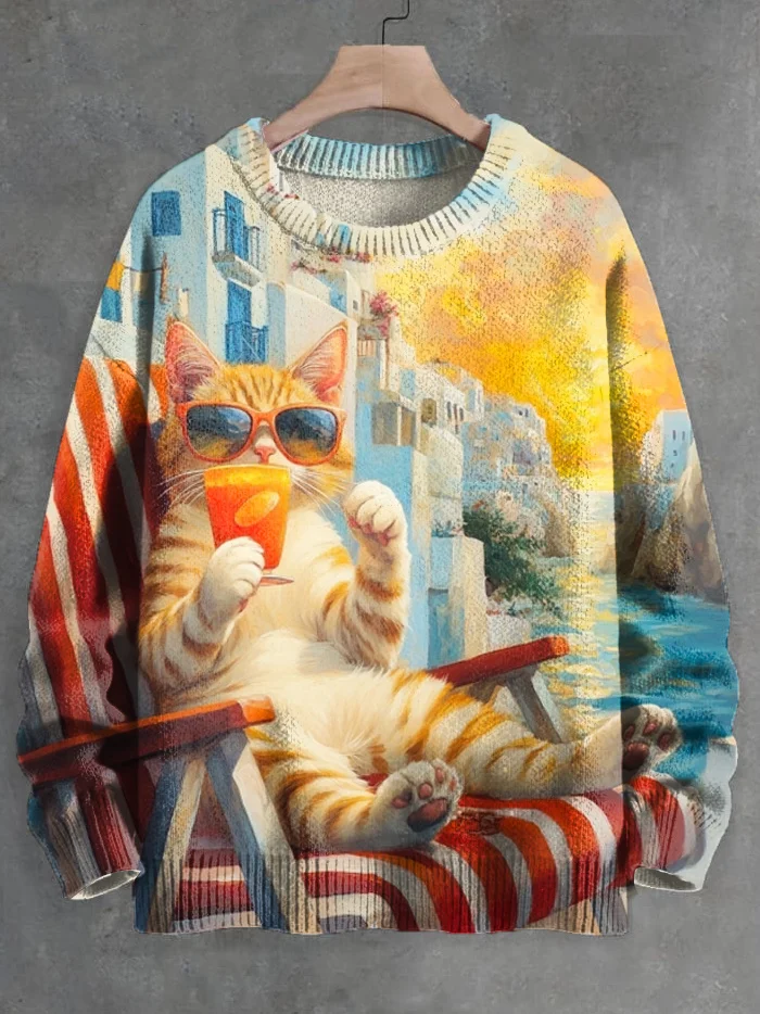 Men's Cool Cat Travel Illustration Print Knit Sweatshirt