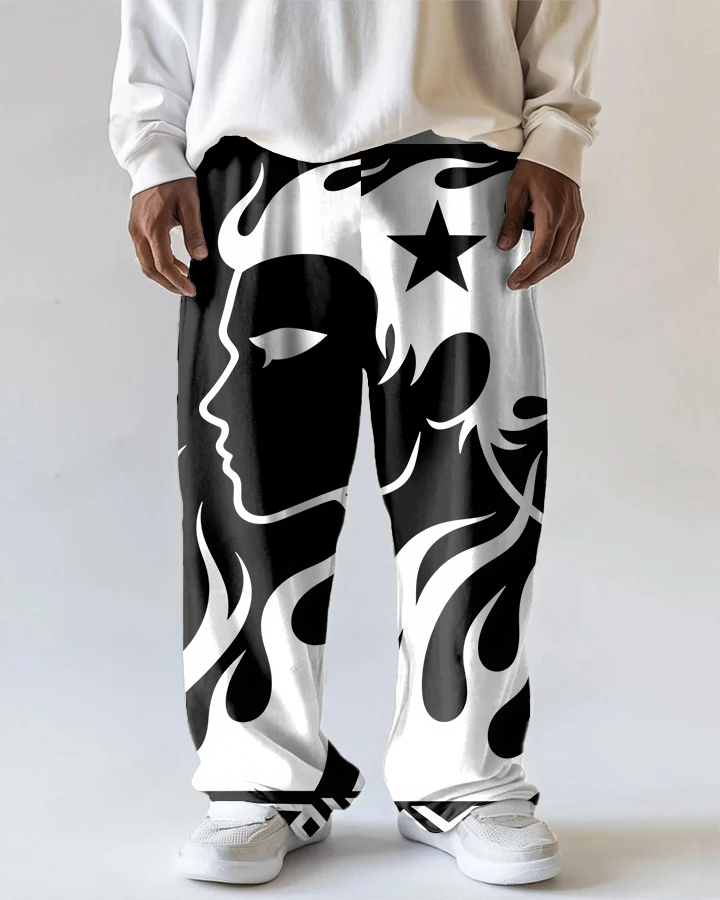 Big Men's Vintage Cartoon Character Profile Printed Casual Loose Pants with Pocket
