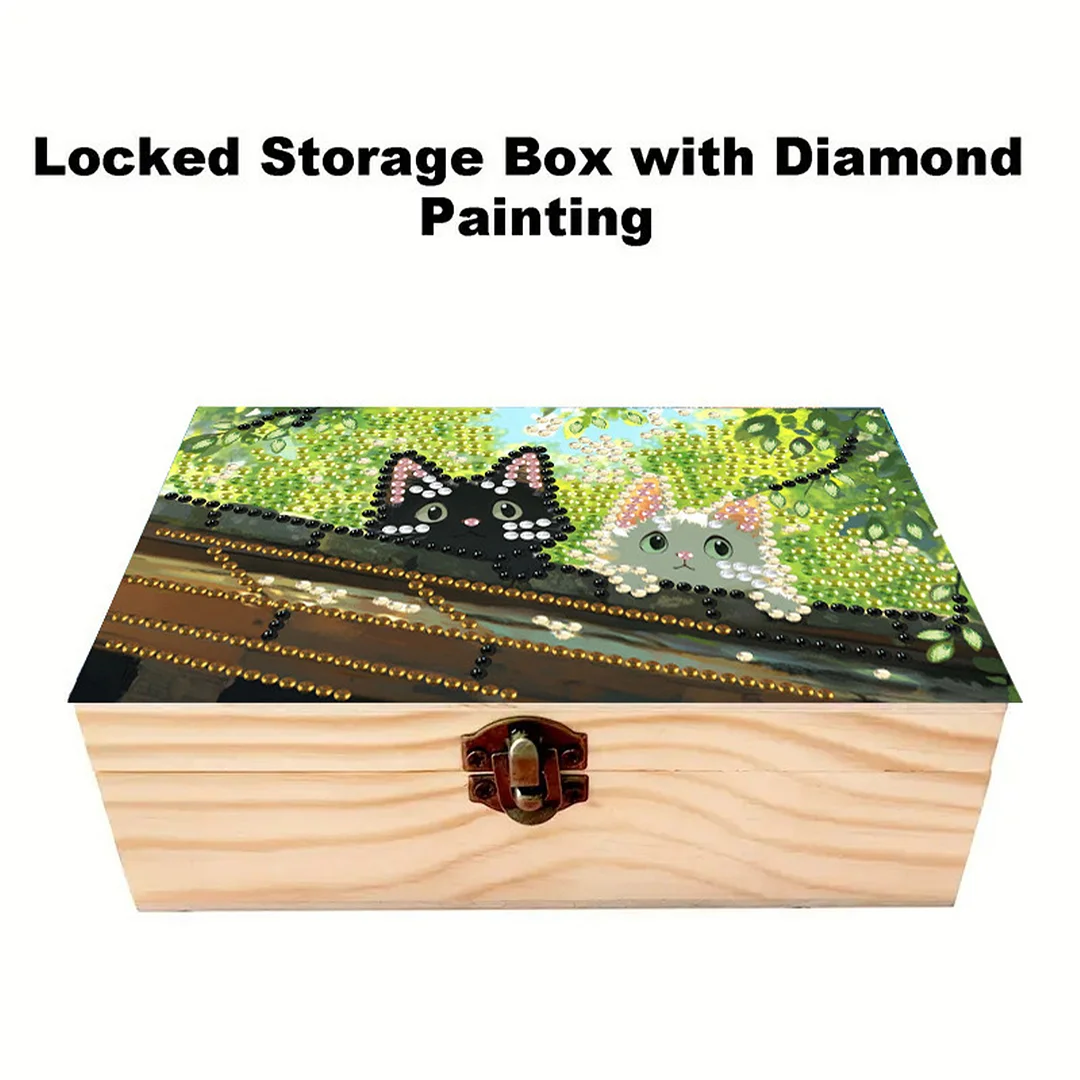 Black and White Cat DIY Wooden 5D Diamond Art Diamond Art Storage Box for Adults
