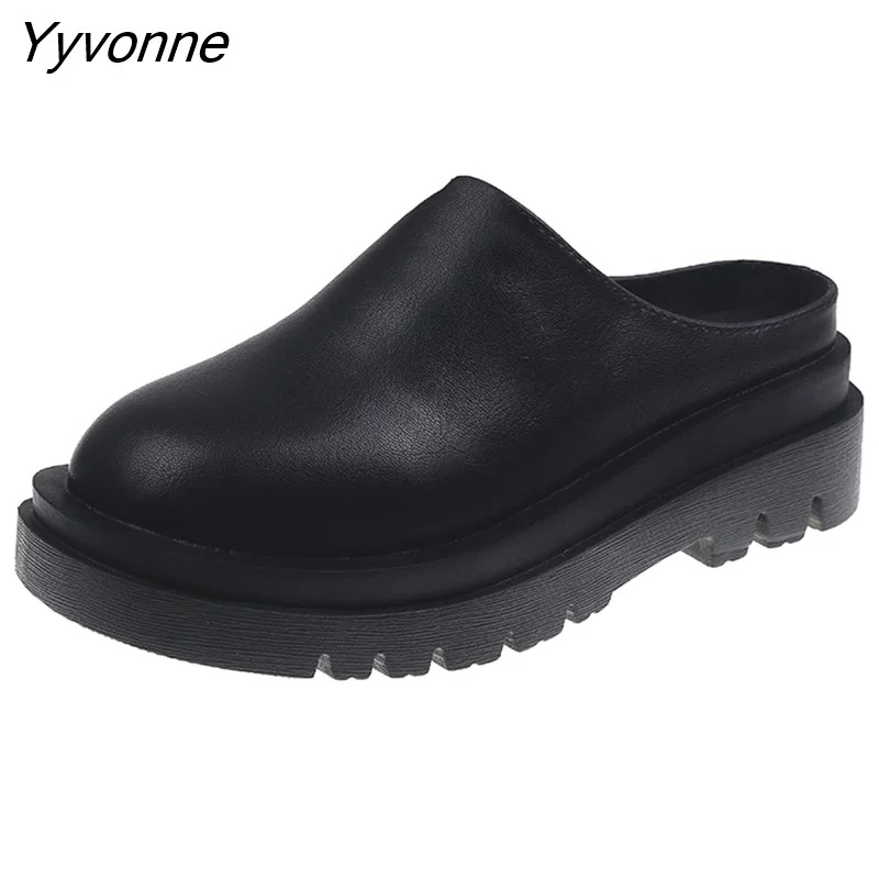 Yyvonne Women  Summer Slippers  Fashion Closed Toe Leather Shoes Loafers High Platform Slippers Women Black High Heels Zapatillas Mujer