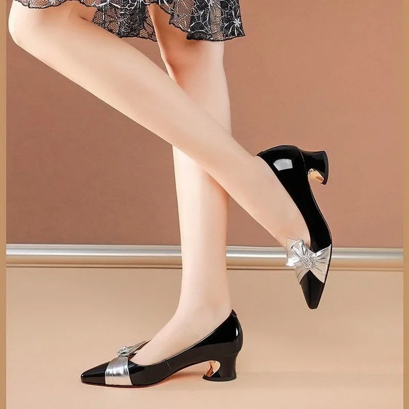 2021 Spring New Women Shoes,Square Mid Heels,Rhinestone Bowtie,Pointed Toe,Shollow Out,Cashmere,Slio on,Female Footware,Black,