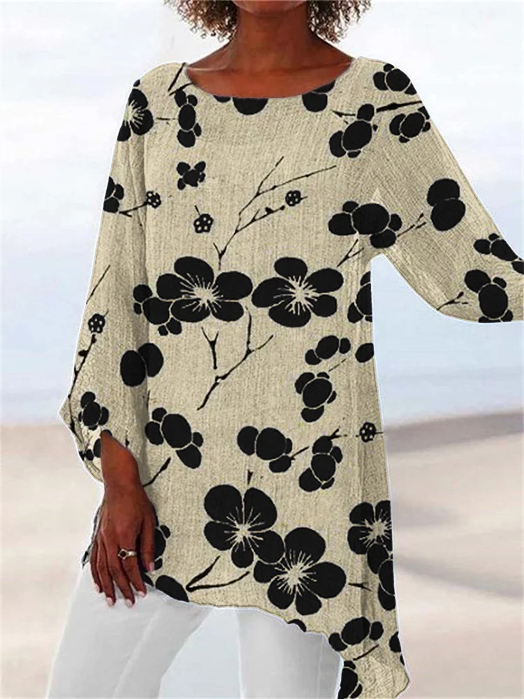 Cherry Blossom Japanese Lino Art Asymmetric Flowy Tunic