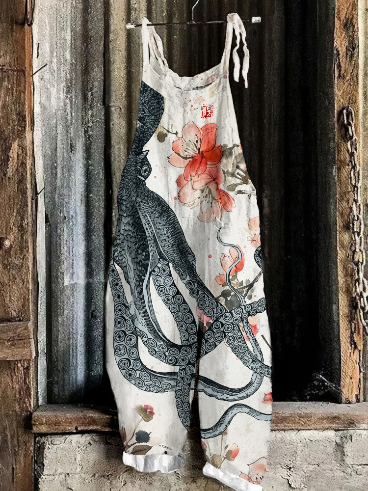 Women's Cute Print Linen Blend Casual Jumpsuit