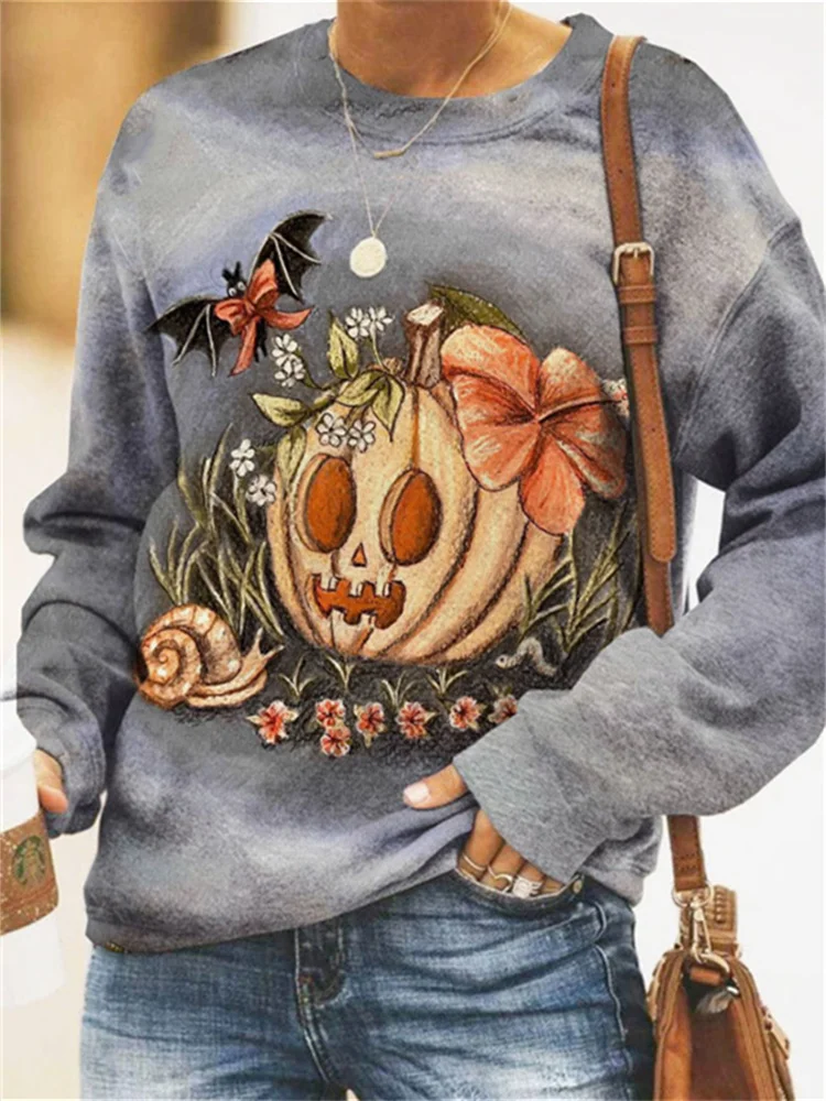 Halloween Pumpkin Ghost Face Crew Neck Sweatshirt