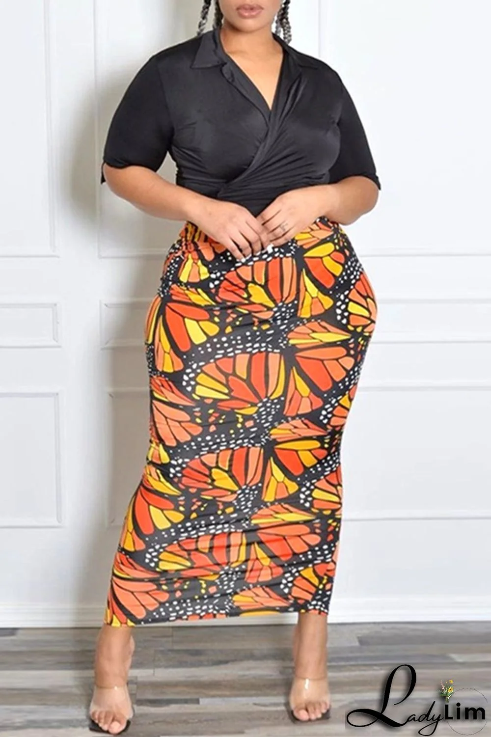 Orange Fashion Casual Print Slit Plus Size Skirt