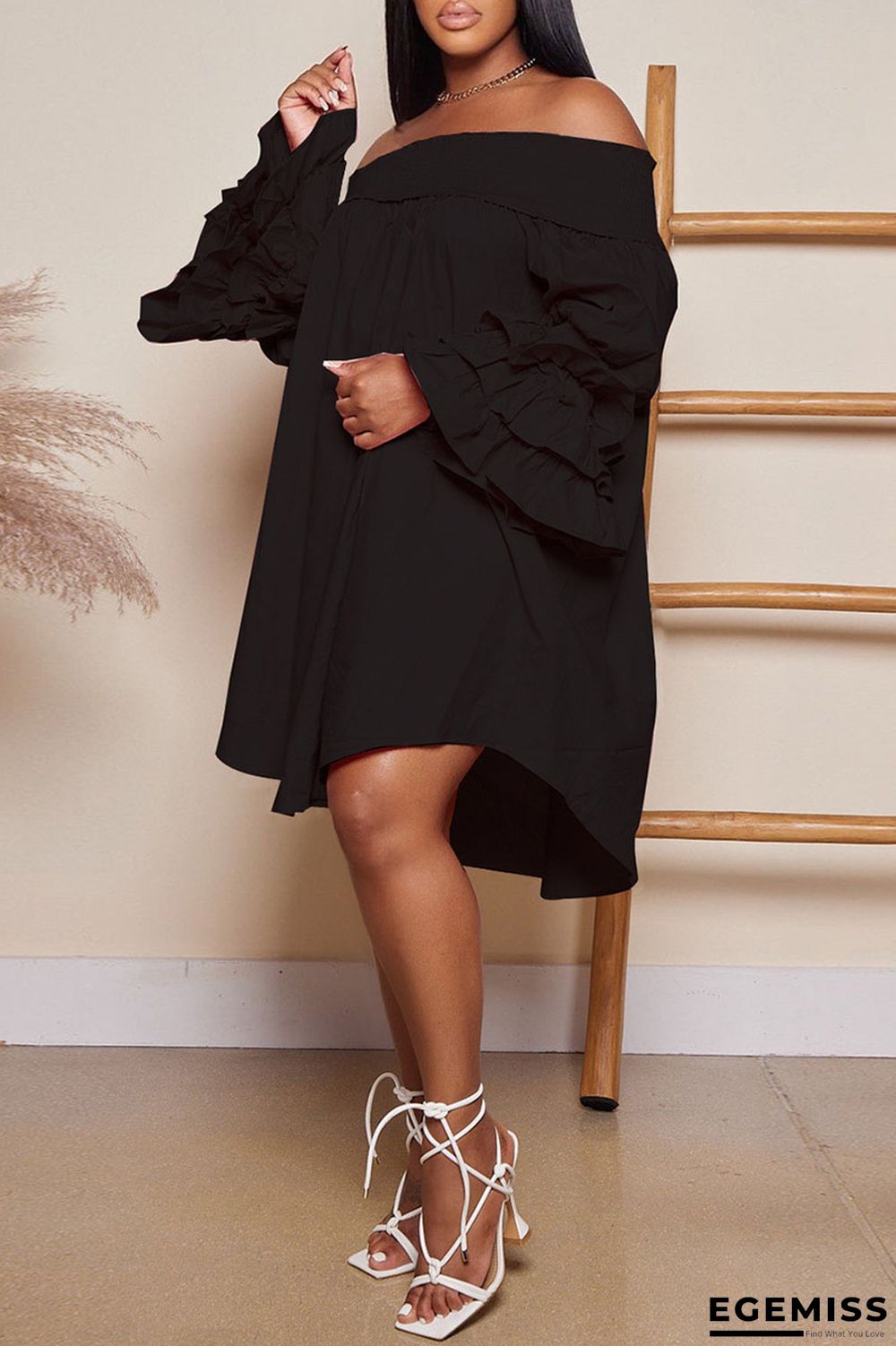 Black Casual Solid Patchwork Fold Off the Shoulder Princess Dresses | EGEMISS