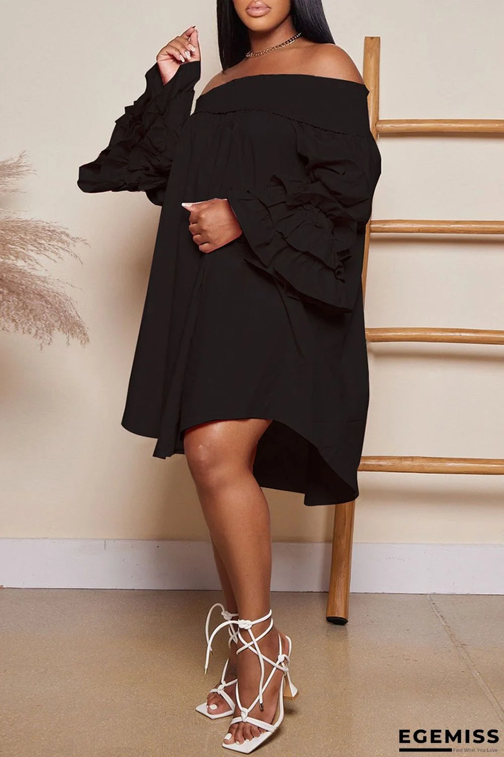 Black Casual Solid Patchwork Fold Off the Shoulder Princess Dresses | EGEMISS