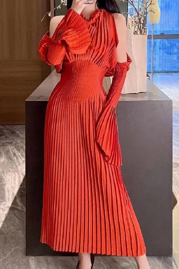 Solid Color Cold Shoulder Stunning Pleated Midi Dress