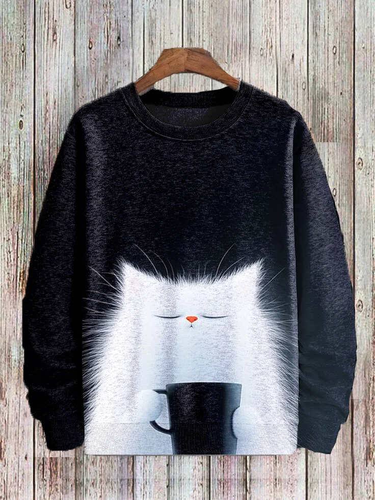 Men's White Cat Drinking Coffee Print Casual Sweatshirt