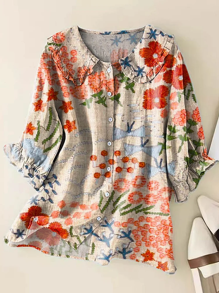 Women's Vintage Lovely Floral Art Print Casual Peter Pan Collar Cotton Shirt