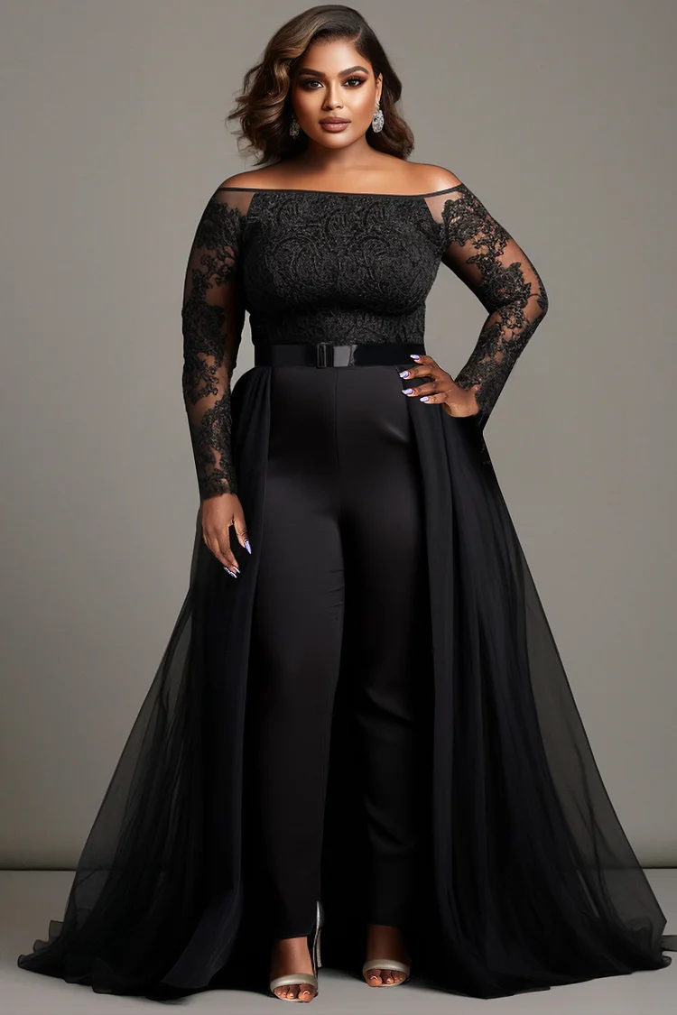 Xpluswear Design Plus Size Mother Of The Bride Black Elegant Off The Shoulder Long Sleeve See Through Detachable Overskirt Tulle Lace Jumpsuits [Pre-Order]