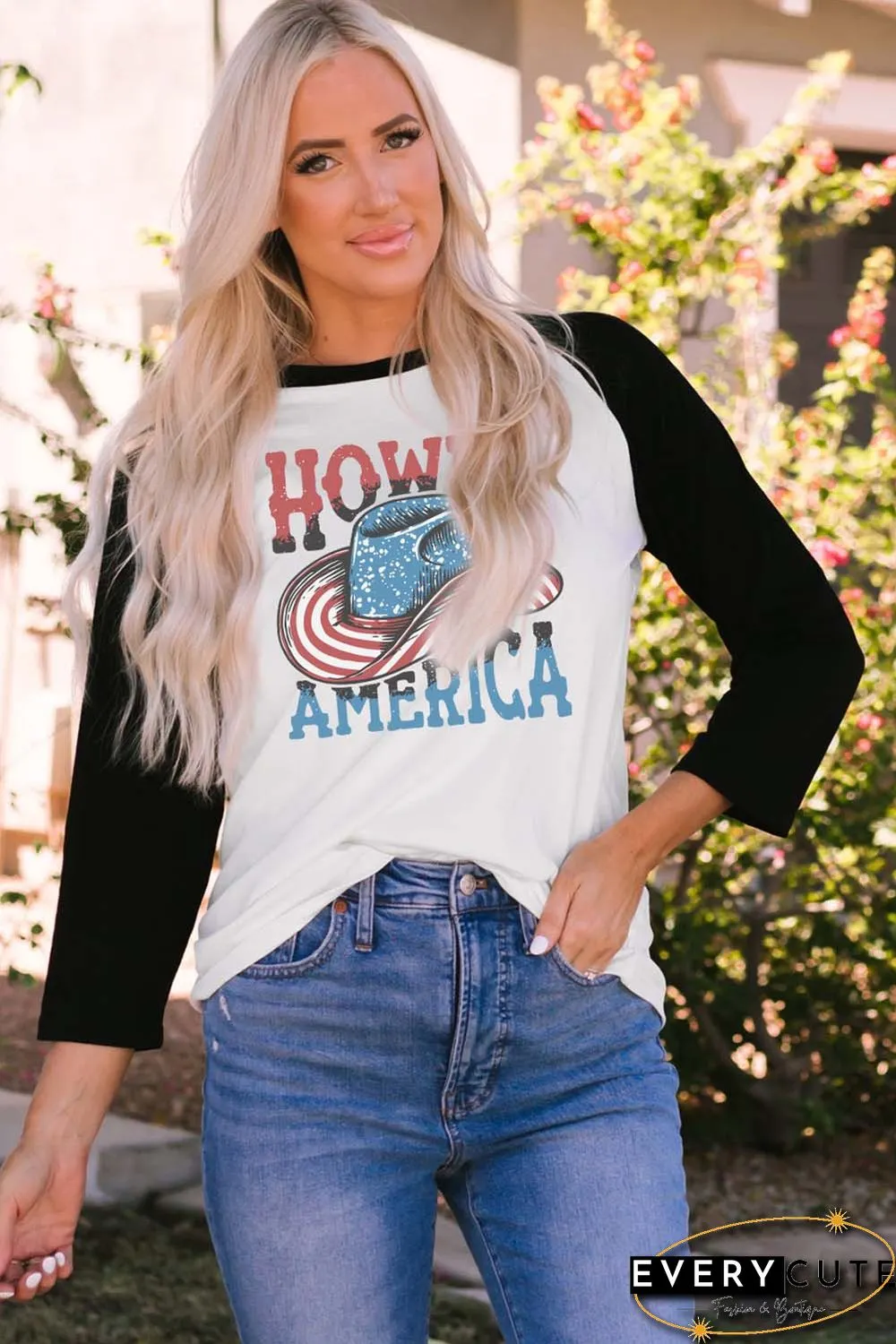 Black HOWDY AMERICA Cowboy Hat Graphic Raglan Long Sleeve Tee