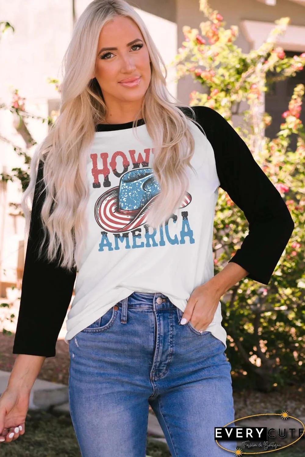 Black HOWDY AMERICA Cowboy Hat Graphic Raglan Long Sleeve Tee