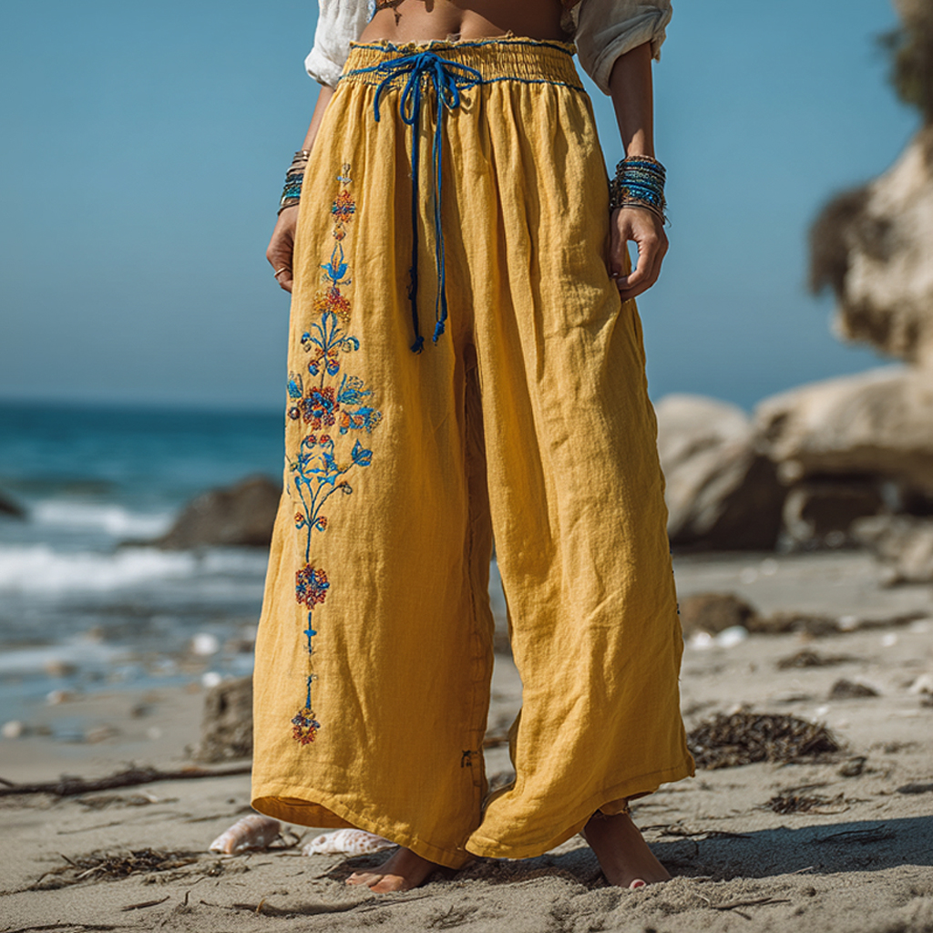 Bohemian Holiday Style Loose Casual Exquisite Embroidered Beach Pants Wide-leg Pants