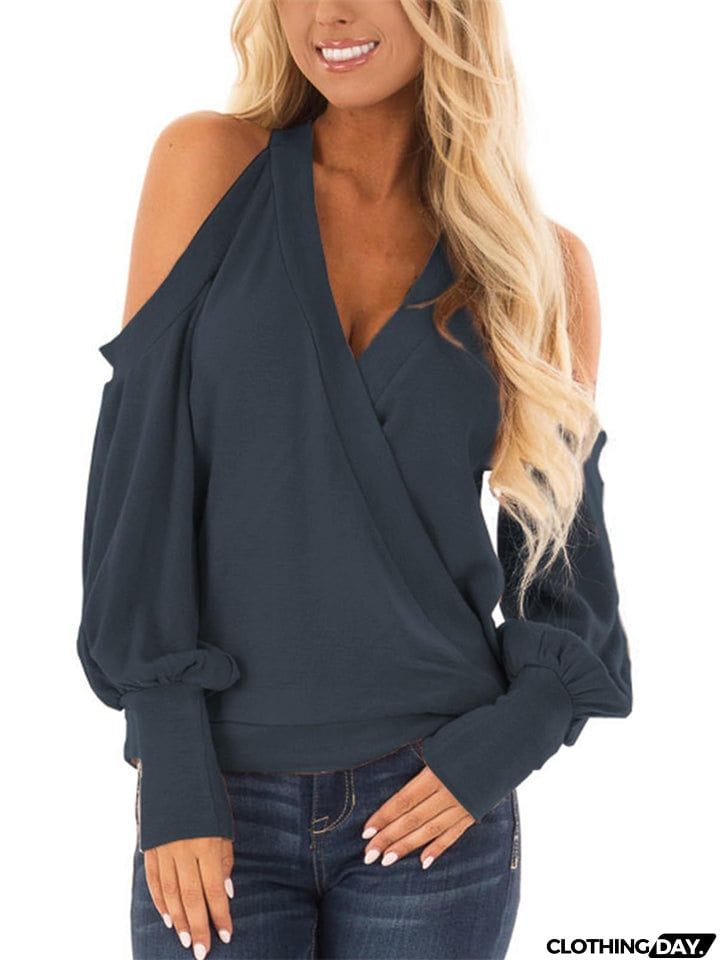 V-neck Cold Shoulder Lantern Sleeve T-shirt for Ladies