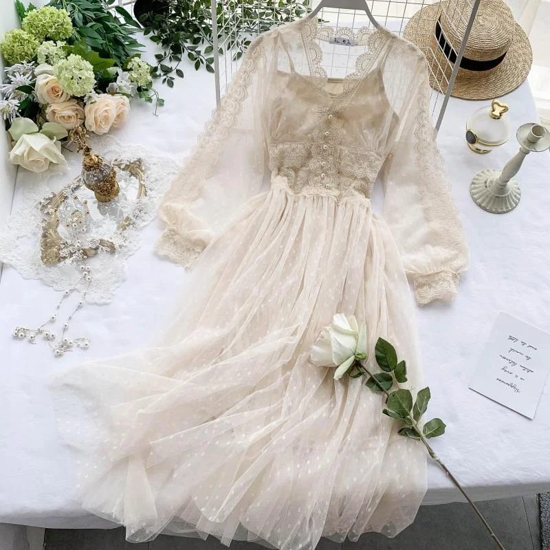 FTLZZ Sweet Tulle Long Dress Spring Summer High Waist Long Sleeve V Neck Polka Dot Bohemian Dress Female Slim Fairy Dresses