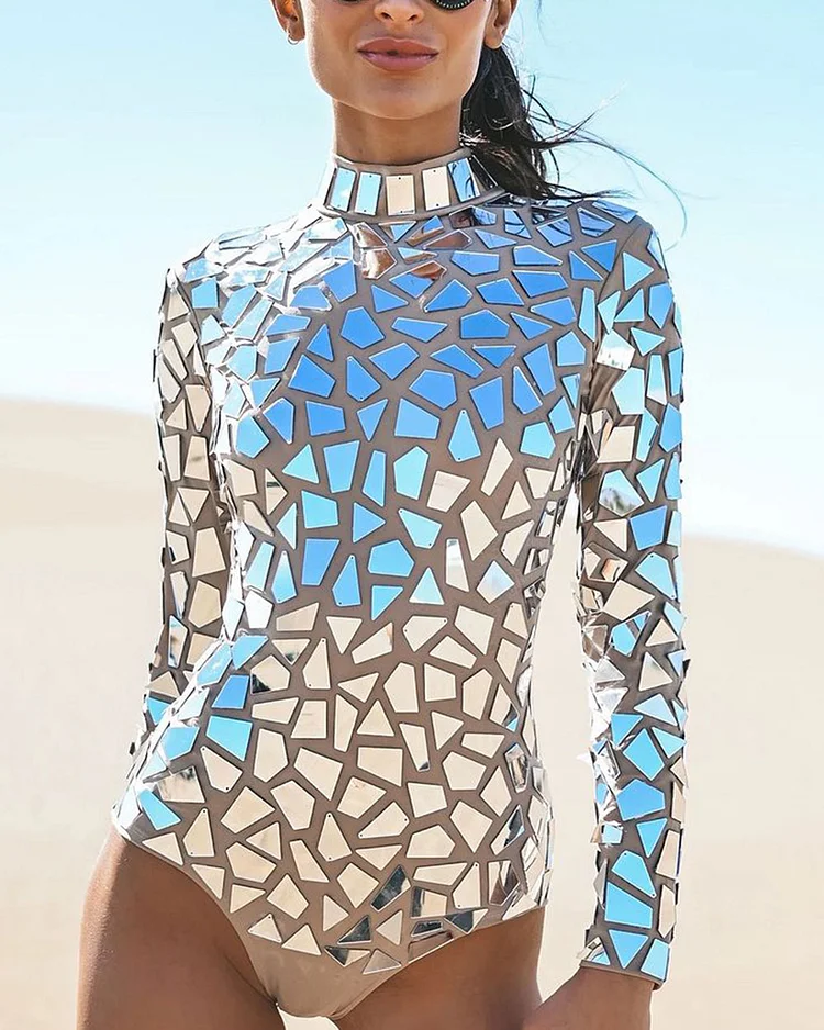 Mirror Sequin Long Sleeves Bodysuit 