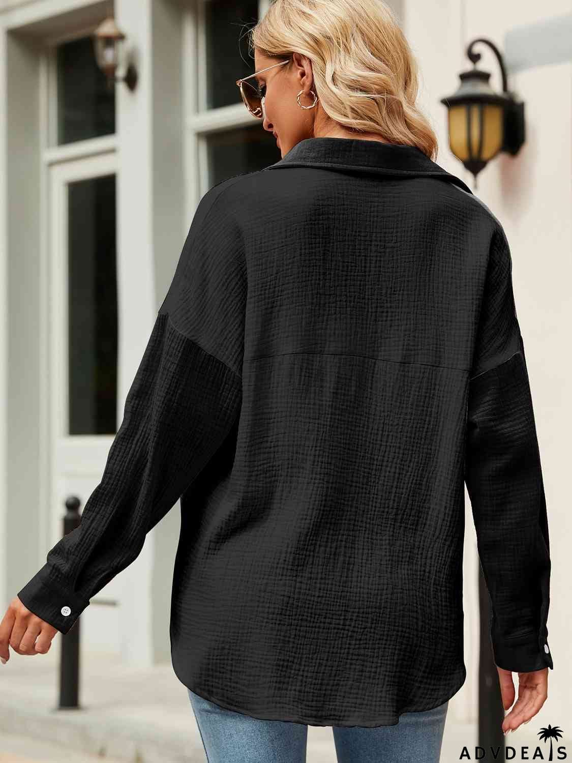 Button Up Collared Neck Drop Shoulder Shirt