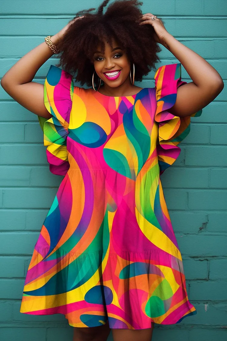 Xpluswear Design Plus Size Daily Rainbow Casual All Over Print Round Neck Flutter Sleeve Ruffle Mini Dresses [Pre-Order] 2024 - Xpluswear
