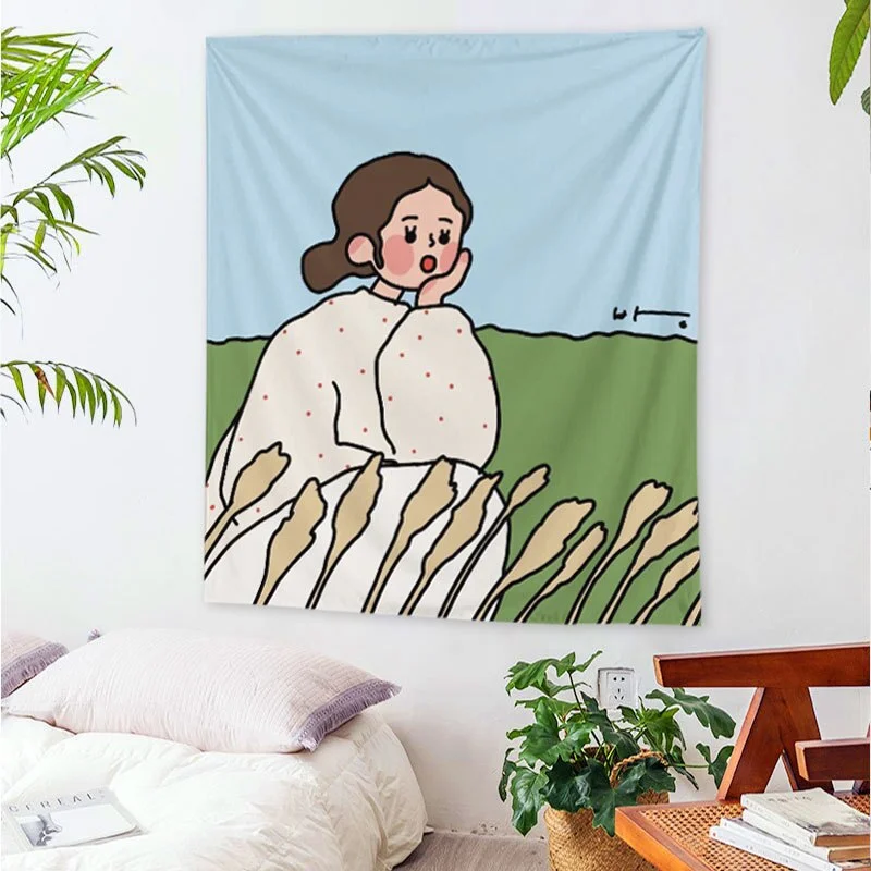 W&G Nordic Lllustration Tapestry Kawaii Hanging Cloth Wall Decoration Cute Little Girl Bedroom Renovation Background Cloth