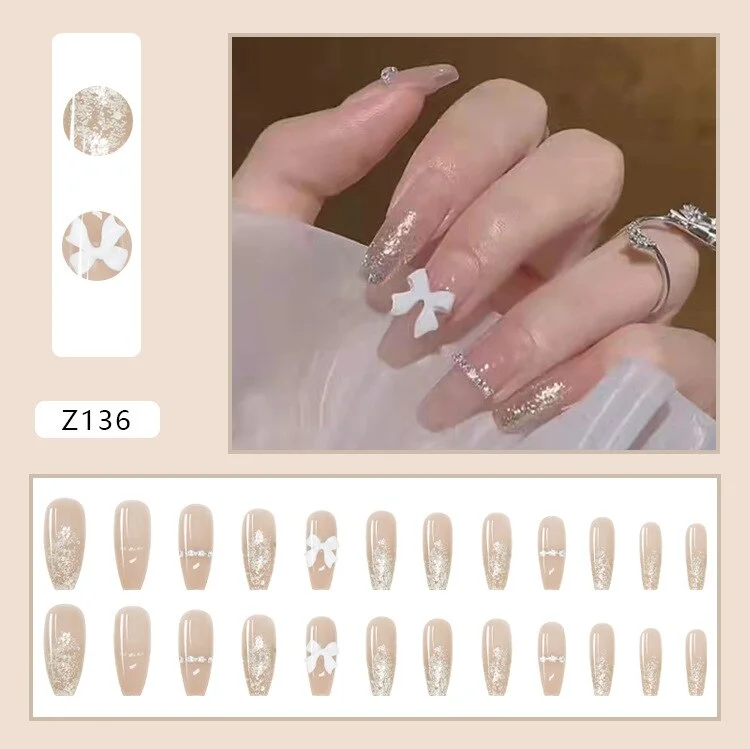 French Ins Style Fake nails with White Bow Design Shiny Coffin Ballerina Girl Artificial Nails False Nail Patch with Glue 24PCS-Nail Inspo