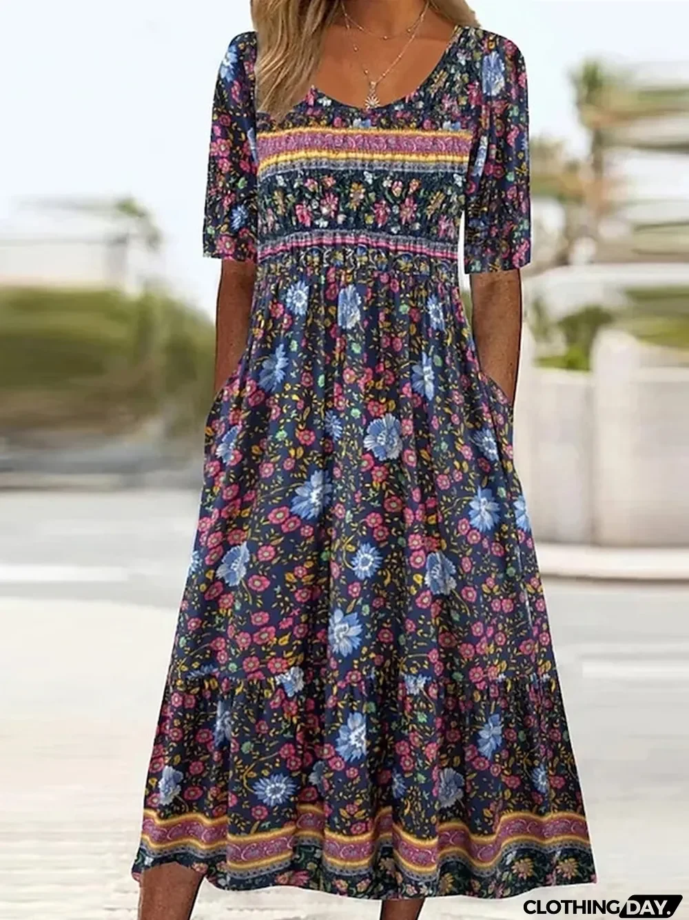 Women's Summer Dress Boho Dress Floral Ditsy Floral Print Ruched Crew Neck Midi Dress Fashion Modern Outdoor Daily Short Sleeve Regular Fit Pink Dark Blue Summer Spring S M L XL XXL