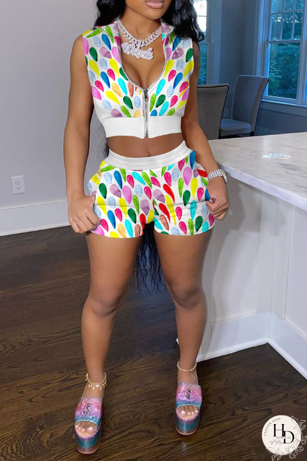 multicolor Polyester Fashion Sexy Casual zipper Print Plus Size