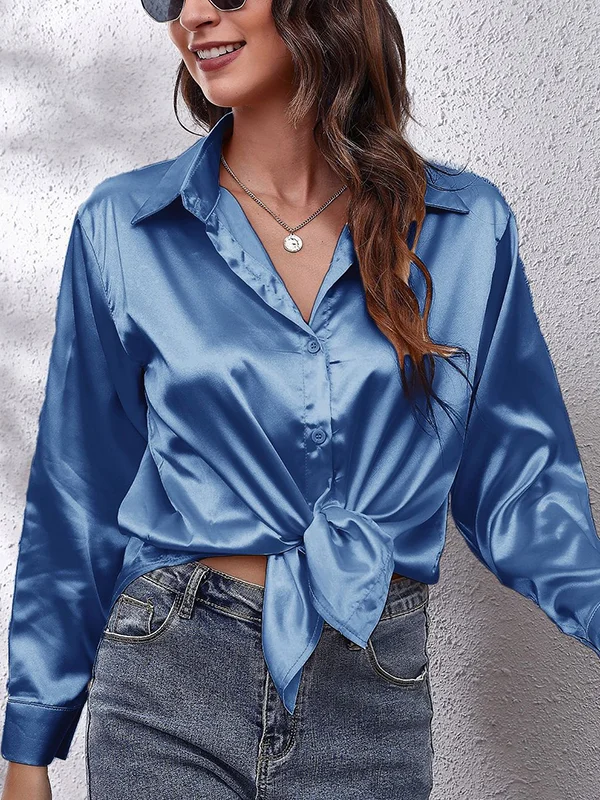 Solid Color Loose Long Sleeves Lapel Blouses&Shirts Tops