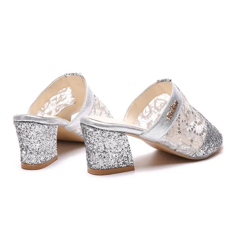 Churchf Churchf New Lady's Mesh Slippers High With Thick With Fish Mouth Hollow Out A Character Sequin Cool Drag Female