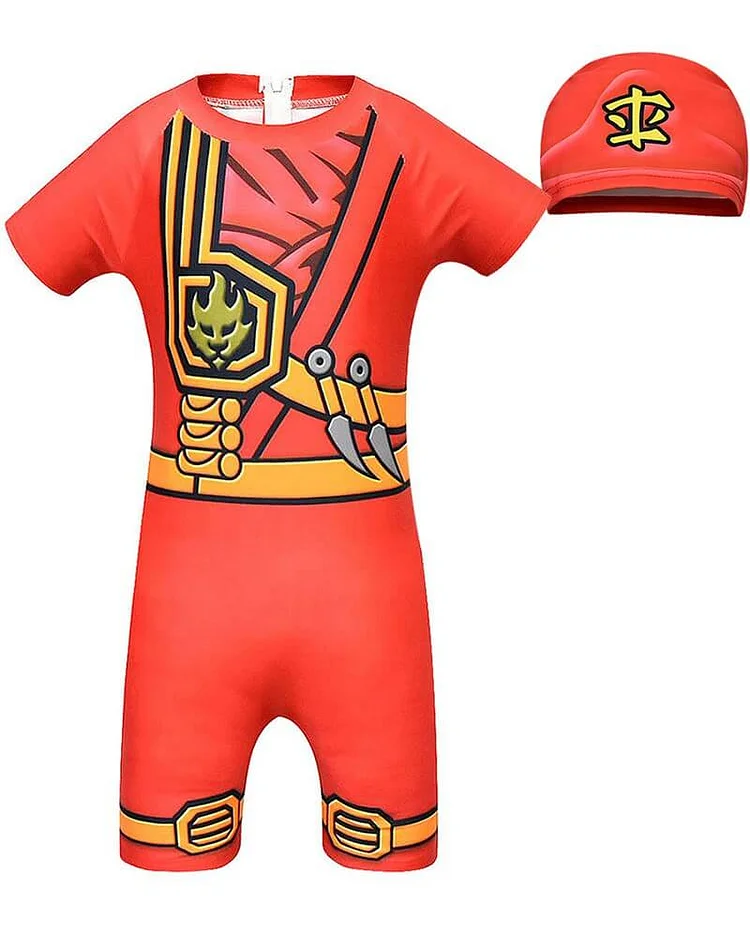 Ninjago Red Ninja Kai Printed Kids One Piece Swimsuit With Hat-Mayoulove