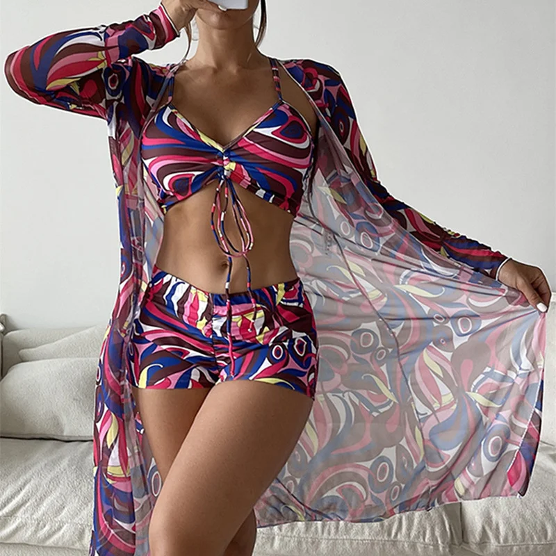 Mongw Mongw New Women's Three-Piece Bikini Mesh Gauze Blouse Gradient Print Lace Fashion Anti-Sai Swimsuit