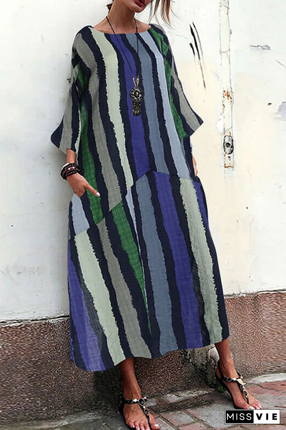 Vintage Striped Pockets Maxi Dress