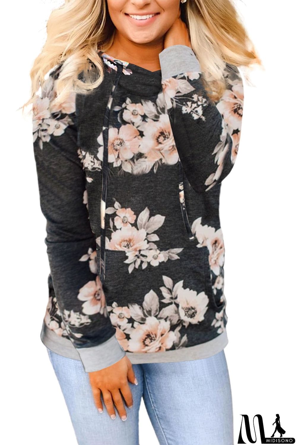 MidiSono - Floral Hoodie with Kangaroo Pocket