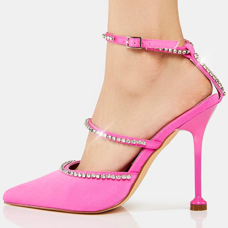 Hot Pink Ankle Strap Rhinestone Stiletto Heel Mules Vdcoo