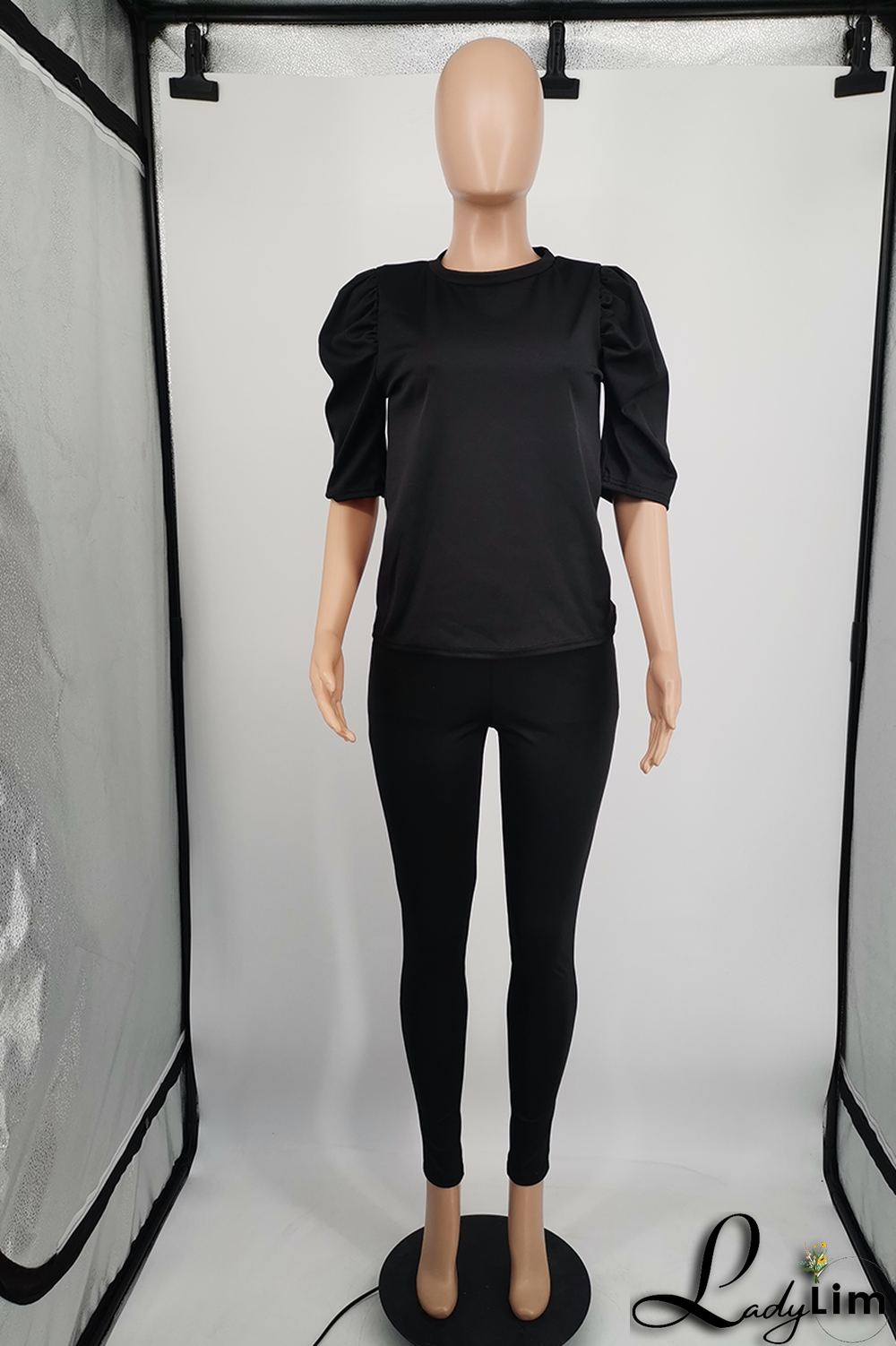 Black Casual Solid Split Joint O Neck Half Sleeve Two Pieces