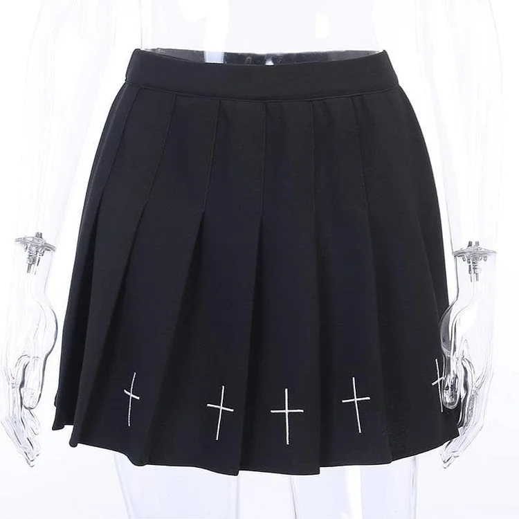 Gothic Cross Print Black Pleated Skirts SP13899