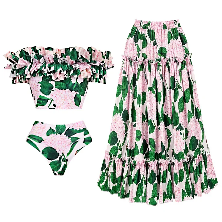 Bandeau Ruffle Floral Print Bikini Swimsuit and Skirt Flaxmaker