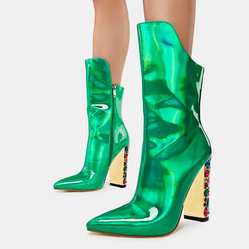 Mirror Leather Pointed Toe Boots Rhinestone Decorative Block Heel Boots Nicepairs