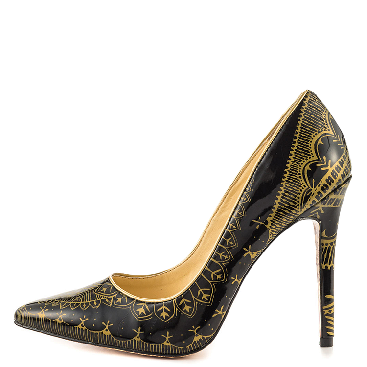 Black and Gold Floral Pointy Toe Pumps Vdcoo