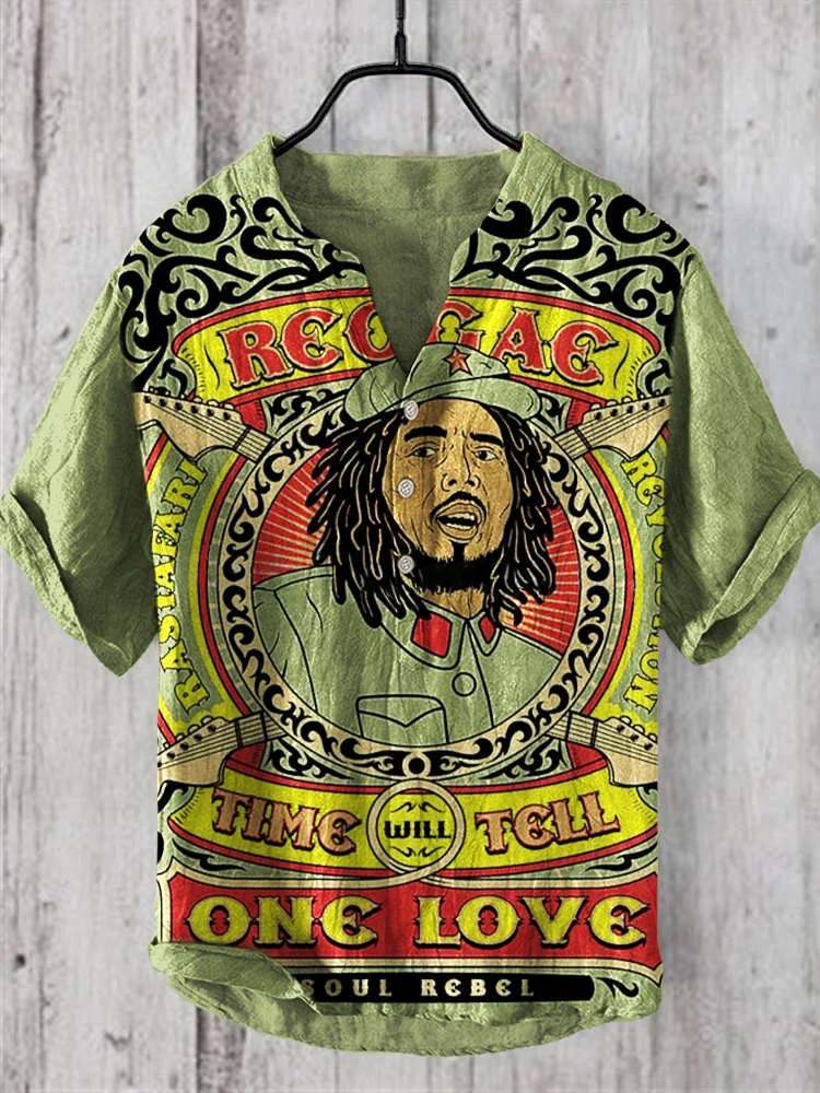 Vintage Reggae One Love Men's Linen V-Neck Shirt